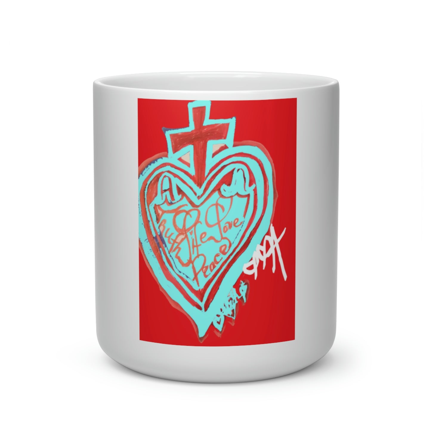 SACRED HEART OF LIFE AND JUSTICE AND HOPE AND FAITH MUG (Heart Shape Mug)